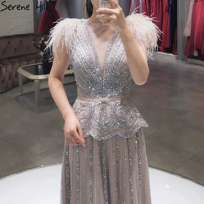 Serene Hill Meat Pink Luxury Evening Dresses Gowns 2025 Beading Feathers A-Line For Women Party LA70929 - SERENE HILL