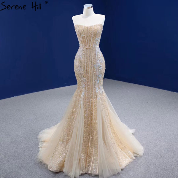 Serene Hill Mermaid Champagne Luxury Evening Dresses Gowns 2025 Beaded Elegant Sexy For Women Party HM67339