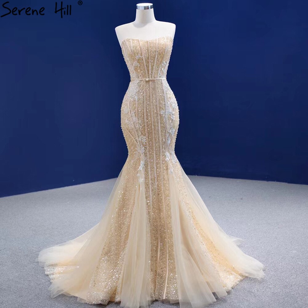 Serene Hill Mermaid Champagne Luxury Evening Dresses Gowns 2025 Beaded Elegant Sexy For Women Party HM67339 - SERENE HILL