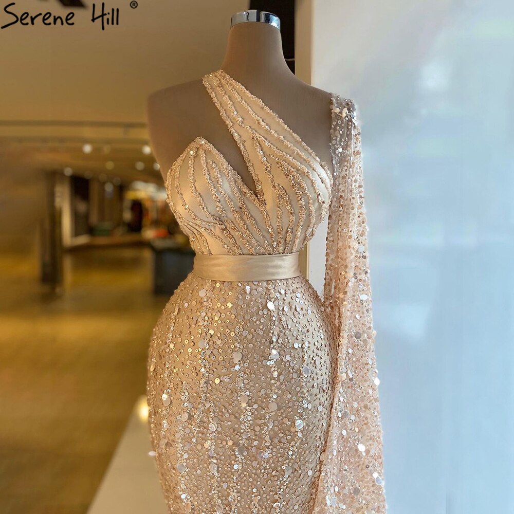 Elegant Nude One Shoulder Feather Beaded Mermaid Evening Dress LA71096 - SERENE HILL