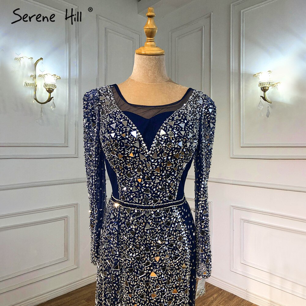 Serene Hill Mermaid Luxury Blue Silver Evening Dresses Gowns 2025 Split Elegant Sparkle Sexy For Women Party LA71050 - SERENE HILL