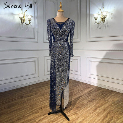 Serene Hill Mermaid Luxury Blue Silver Evening Dresses Gowns 2025 Split Elegant Sparkle Sexy For Women Party LA71050 - SERENE HILL