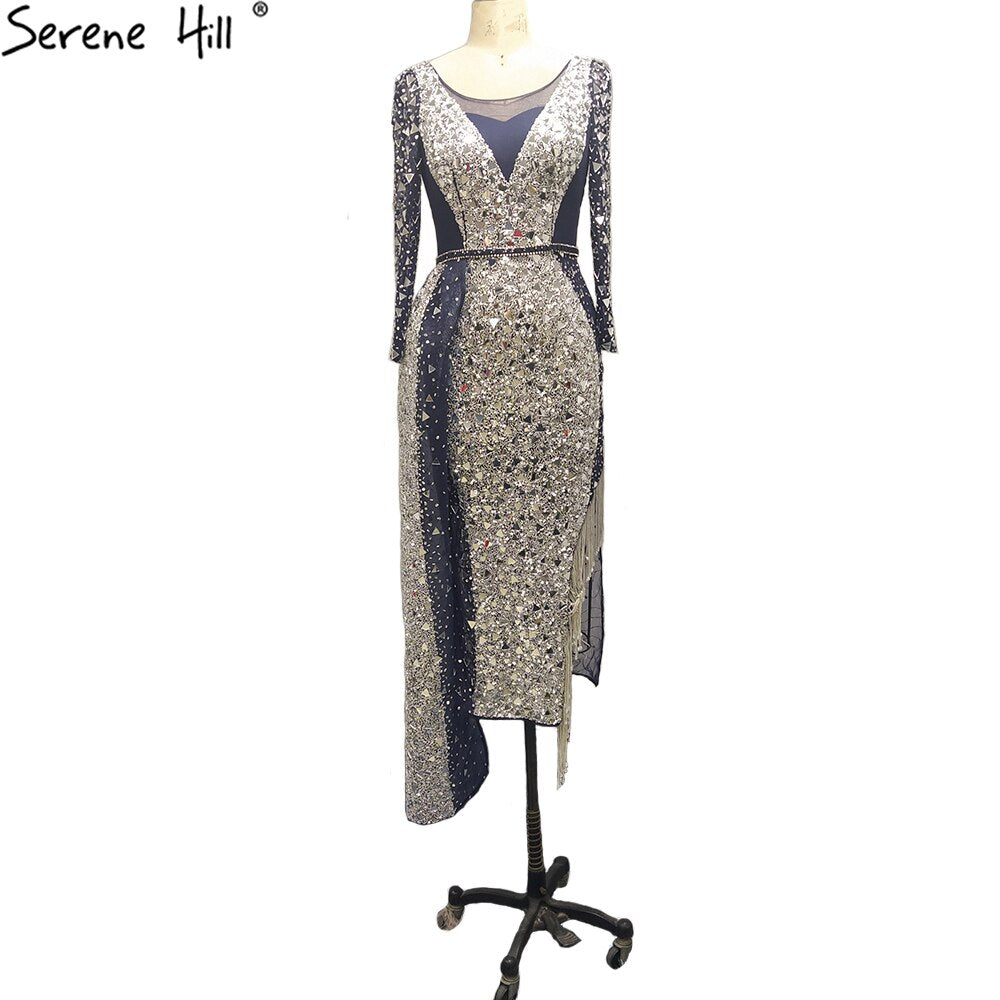 Serene Hill Mermaid Luxury Blue Silver Evening Dresses Gowns 2025 Split Elegant Sparkle Sexy For Women Party LA71050 - SERENE HILL