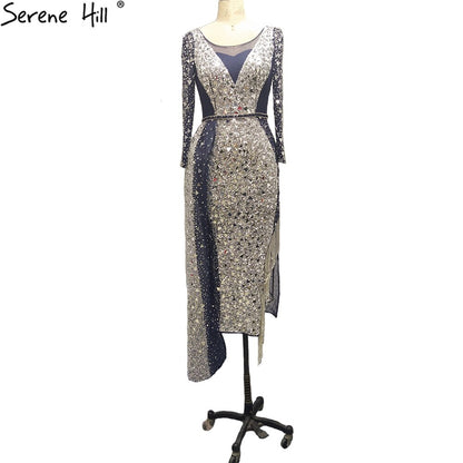 Serene Hill Mermaid Luxury Blue Silver Evening Dresses Gowns 2025 Split Elegant Sparkle Sexy For Women Party LA71050 - SERENE HILL