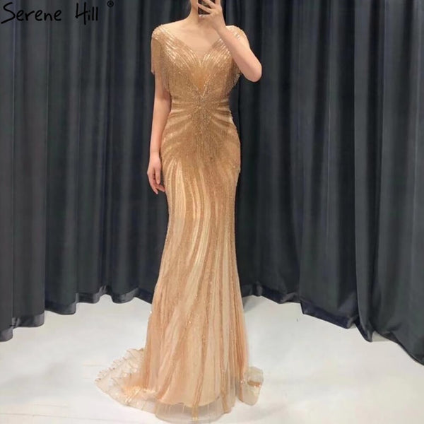 Serene Hill Mermaid Luxury Gold Evening Dresses Gowns 2025 Beading Tassel Elegant For Women Party LA70907
