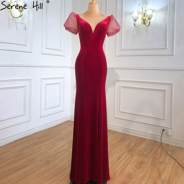 Sale Serene Hill Mermaid Wine Red Elegant Evening Dresses Gowns 2025 Puff Sleeves Beading For Women Party LA70841