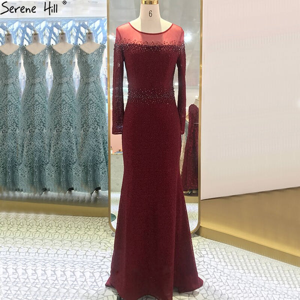 Serene Hill Mermaid Wine Red O-Neck Evening Gowns 2025 Lone Sleeves Beading Luxury Formal Dress Design LA70730