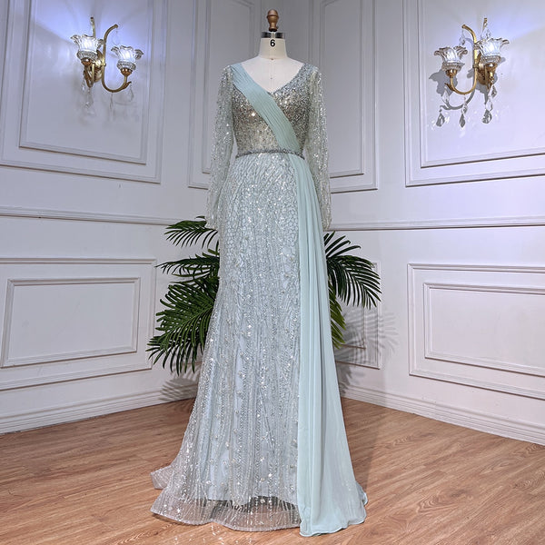 Serene Hill Mint Dubai Muslim Mermaid Puff Sleeves Overskirt Luxury Beaded Evening Dresses Gowns 2025 For Women Party LA72025