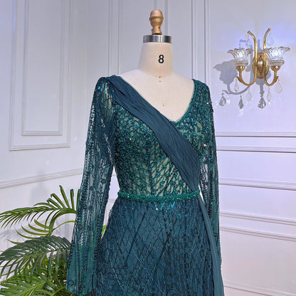 Serene Hill Mint Dubai Muslim Mermaid Puff Sleeves Overskirt Luxury Beaded Evening Dresses Gowns 2025 For Women Party LA72025 - SERENE HILL