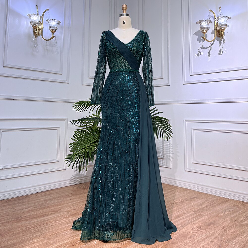 Serene Hill Mint Dubai Muslim Mermaid Puff Sleeves Overskirt Luxury Beaded Evening Dresses Gowns 2025 For Women Party LA72025 - SERENE HILL
