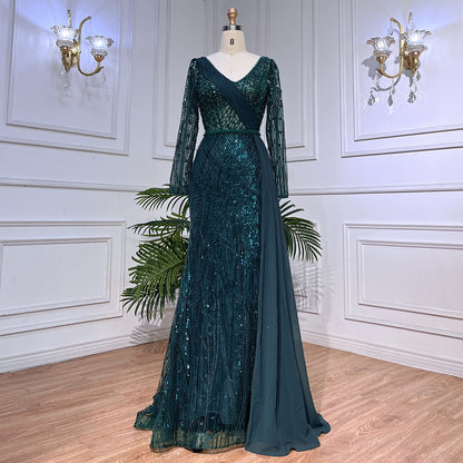 Serene Hill Mint Dubai Muslim Mermaid Puff Sleeves Overskirt Luxury Beaded Evening Dresses Gowns 2025 For Women Party LA72025 - SERENE HILL