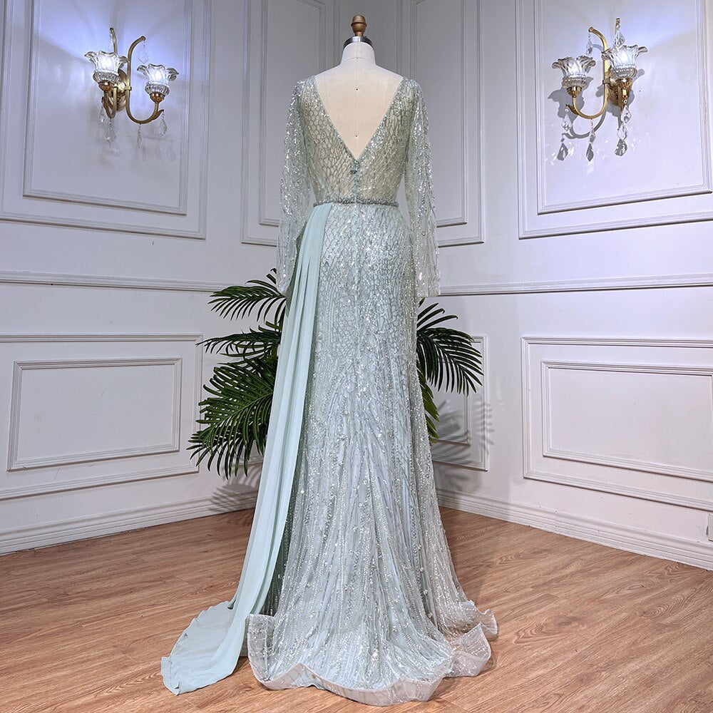 Serene Hill Mint Dubai Muslim Mermaid Puff Sleeves Overskirt Luxury Beaded Evening Dresses Gowns 2025 For Women Party LA72025 - SERENE HILL