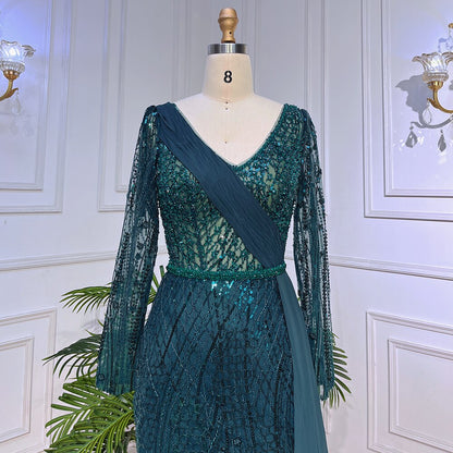 Serene Hill Mint Dubai Muslim Mermaid Puff Sleeves Overskirt Luxury Beaded Evening Dresses Gowns 2025 For Women Party LA72025 - SERENE HILL