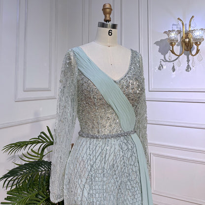 Serene Hill Mint Dubai Muslim Mermaid Puff Sleeves Overskirt Luxury Beaded Evening Dresses Gowns 2025 For Women Party LA72025 - SERENE HILL