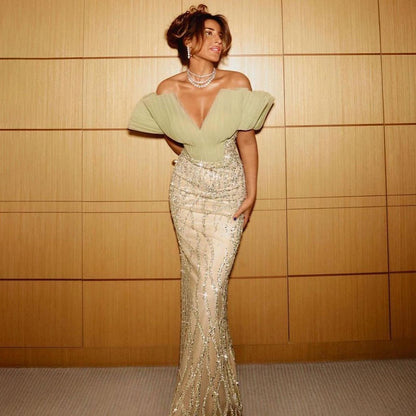 Serene Hill Mint Green Mermaid Elegant Sexy V-Neck Evening Dresses Gowns 2025 Luxury Pearls Beaded For Women Party LA71719 - SERENE HILL