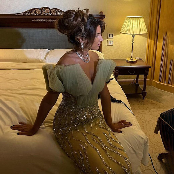 Serene Hill Mint Green Mermaid Elegant Sexy V-Neck Evening Dresses Gowns 2025 Luxury Pearls Beaded For Women Party LA71719