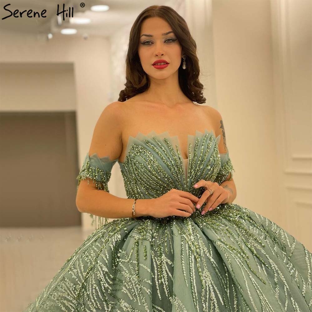 Serene Hill Mint Luxury Beaded Tassel Wedding Dresses 2025 High-End Lace Up Bridal Dress HM67411 Custom Made Mint / 2 / 50cm