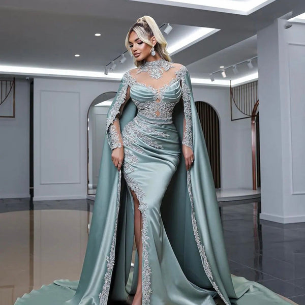 Serene Hill Mint Mermaid Elegant High Collar Beaded Cape Sleeves Luxury Evening Dresses Gowns 2025 For Women Party LA71680