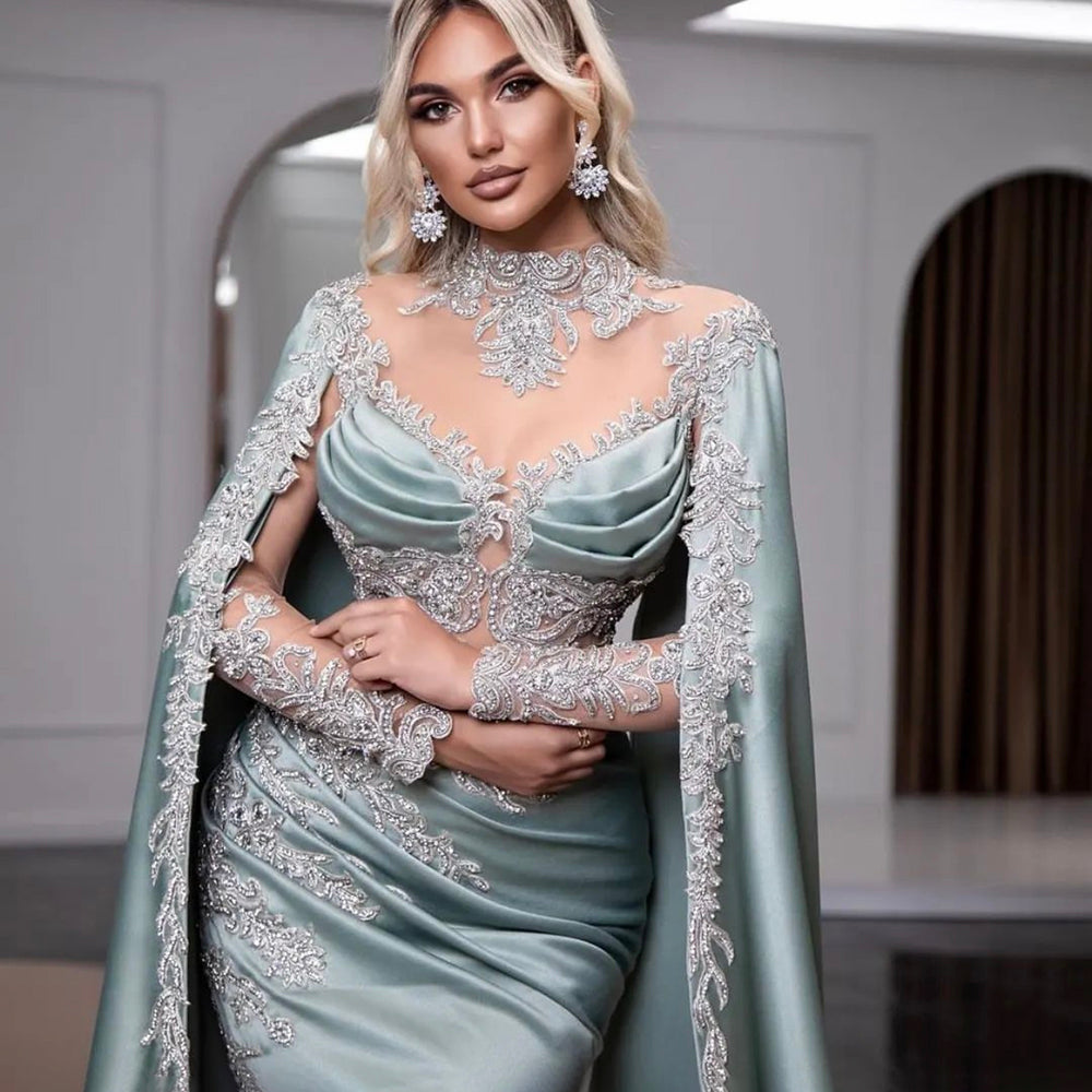 Serene Hill Mint Mermaid Elegant High Collar Beaded Cape Sleeves Luxury Evening Dresses Gowns 2025 For Women Party LA71680 - SERENE HILL