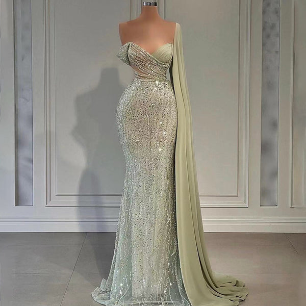 Serene Hill Mint Mermaid Luxury Evening Dresses Gowns 2025 Elegant Beaded One Shoulder For Women Party LA71638