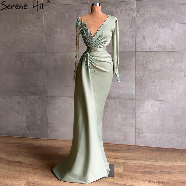 Serene Hill Mint Mermaid Satin Evening Dresses Gowns 2025 Beading Elegant Sexy For Women Party LA71092