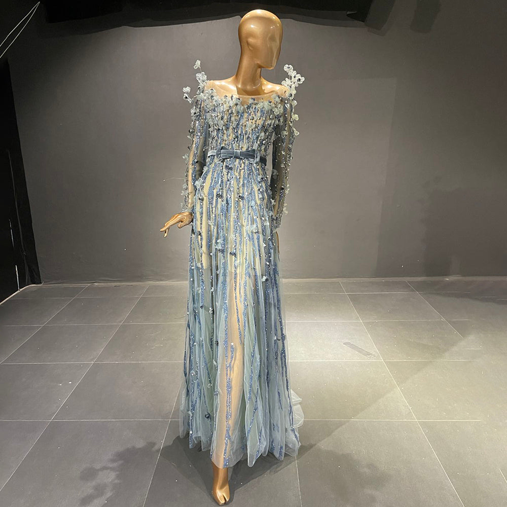 Serene Hill Moslim Blauw Luxe Avond Jurken 2025 Kralen A-lijn Voor Vrouwen Wedding Party LA71549 - SERENE HILL
