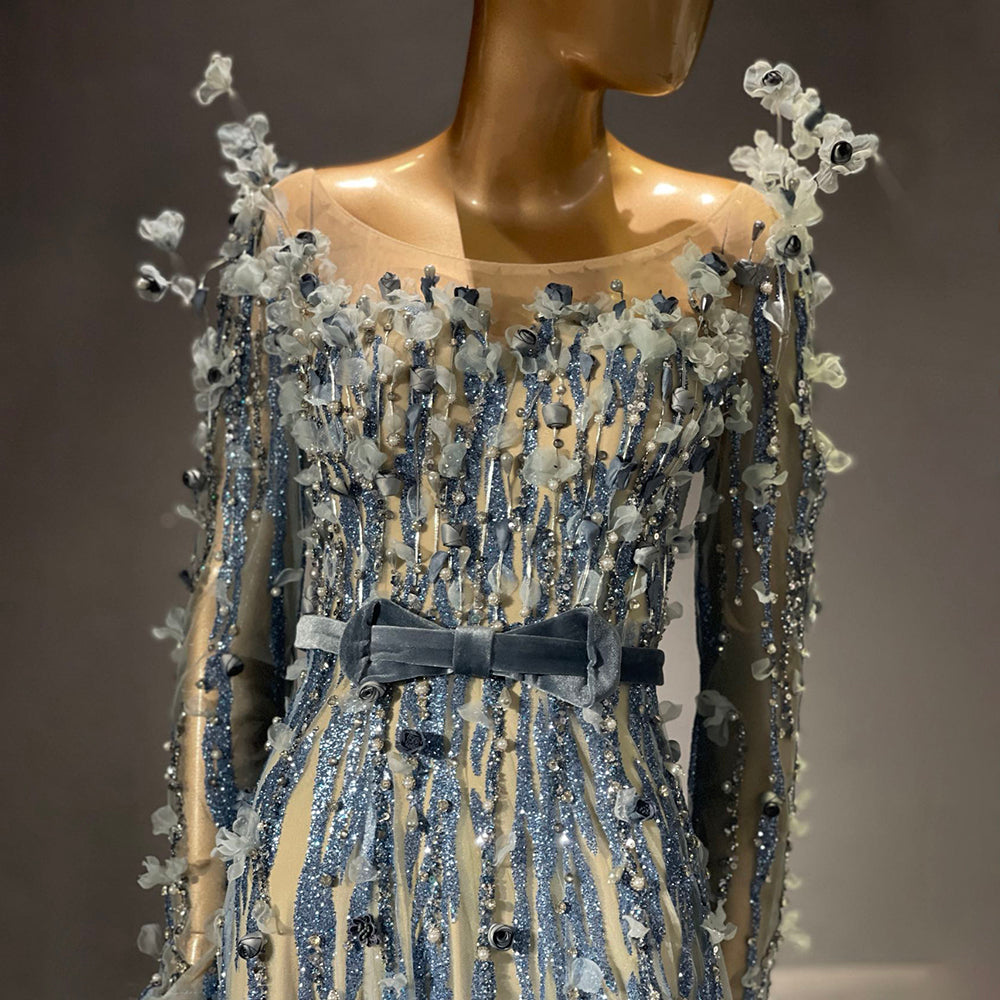 Serene Hill Moslim Blauw Luxe Avond Jurken 2025 Kralen A-lijn Voor Vrouwen Wedding Party LA71549 - SERENE HILL