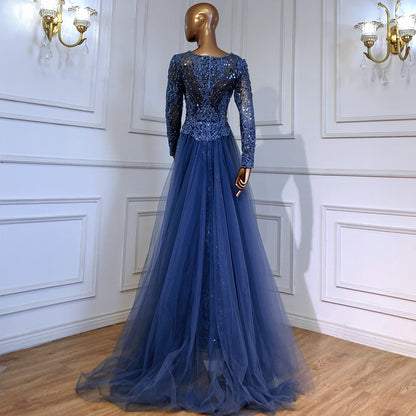 Serene Hill Moslim Blue Mermaid Avond Jurken 2025 Overrok Luxe Kralen Elegant Voor Vrouw Party LA71558 - SERENE HILL