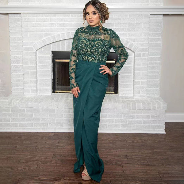Serene Hill Moslim Groene Split Satin Elegant Avond Jurken 2025 Kralen Mermaid Luxe Voor Vrouwen Party LA71556