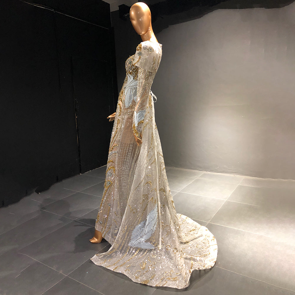 Serene Hill Moslim Zilveren Mermaid Overrok Avond Jurken 2025 Kralen Crystal Luxe Elegant Voor Vrouwen Party LA71573 - SERENE HILL