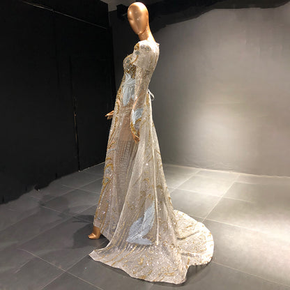 Serene Hill Moslim Zilveren Mermaid Overrok Avond Jurken 2025 Kralen Crystal Luxe Elegant Voor Vrouwen Party LA71573 - SERENE HILL