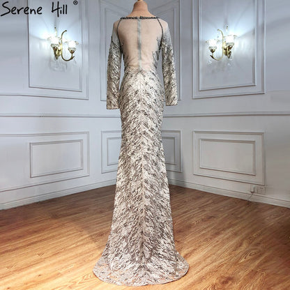 Serene Hill Musliim Grey Mermaid Evening Dresses 2025 Lace Beading Crystal Elegant For Women Party LA71131 - SERENE HILL