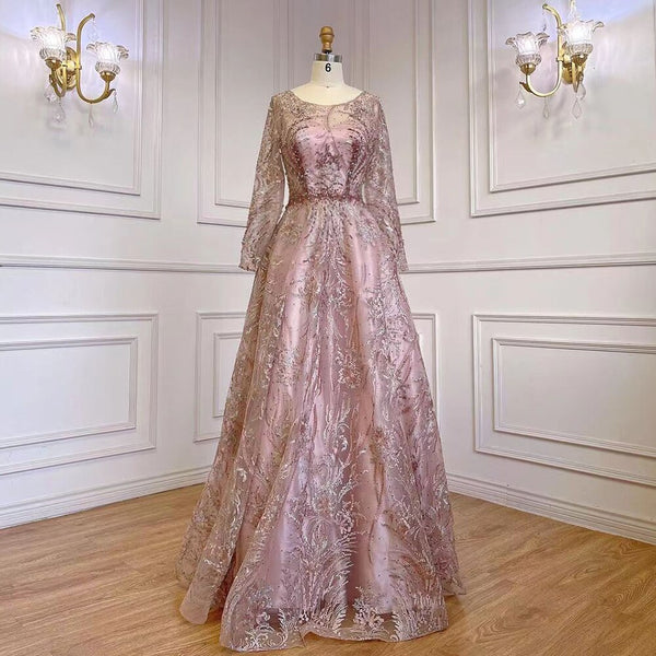 Serene Hill Muslim A-Line Pink Luxury Evening Dresses Gowns Lace Beaded 2025 For Women Party LA71794