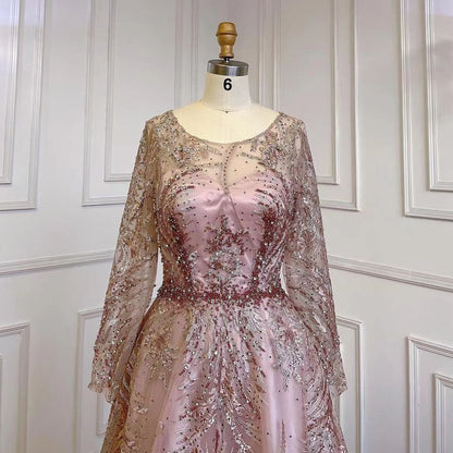 Serene Hill Muslim A-Line Pink Luxury Evening Dresses Gowns Lace Beaded 2025 For Women Party LA71794 - SERENE HILL