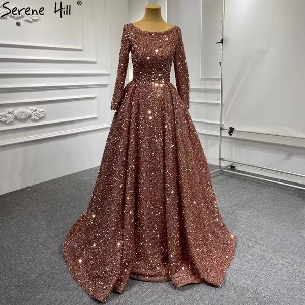 Serene Hill Muslim Bean Pink Gold Evening Dresses Gowns 2025 A-Line Luxury Sparkle For Women Party HM67124A