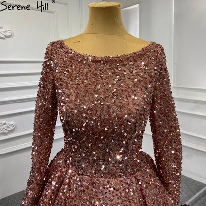 Serene Hill Muslim Bean Pink Gold Evening Dresses Gowns 2025 A-Line Luxury Sparkle For Women Party HM67124A - SERENE HILL