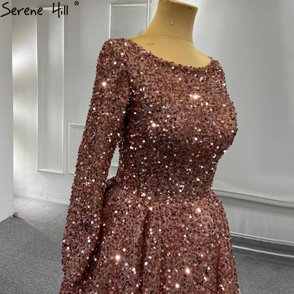 Serene Hill Muslim Bean Pink Gold Evening Dresses Gowns 2025 A-Line Luxury Sparkle For Women Party HM67124A - SERENE HILL
