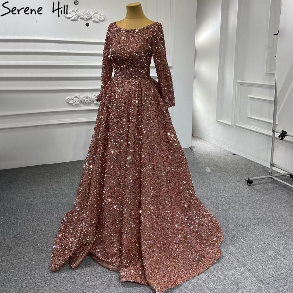 Serene Hill Muslim Bean Pink Gold Evening Dresses Gowns 2025 A-Line Luxury Sparkle For Women Party HM67124A - SERENE HILL