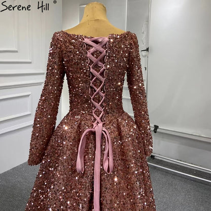 Serene Hill Muslim Bean Pink Gold Evening Dresses Gowns 2025 A-Line Luxury Sparkle For Women Party HM67124A - SERENE HILL