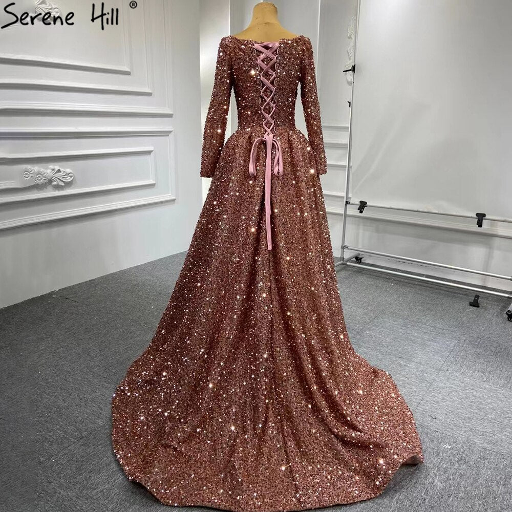Serene Hill Muslim Bean Pink Gold Evening Dresses Gowns 2025 A-Line Luxury Sparkle For Women Party HM67124A - SERENE HILL