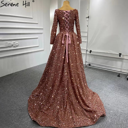Serene Hill Muslim Bean Pink Gold Evening Dresses Gowns 2025 A-Line Luxury Sparkle For Women Party HM67124A - SERENE HILL