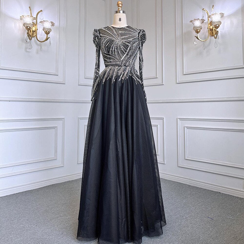 Serene Hill Muslim Black A-Line Luxury Beaded Ankle Length Evening Dresses Gowns 2025 For Women Party LA71290 - SERENE HILL