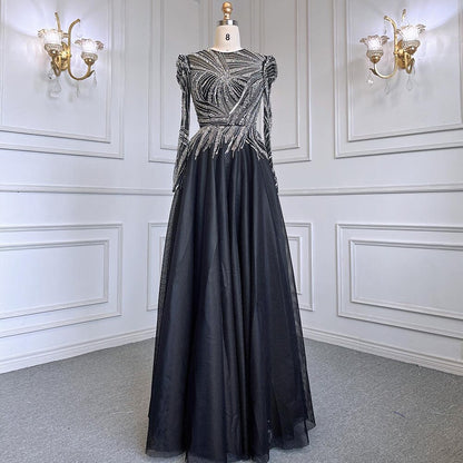 Serene Hill Muslim Black A-Line Luxury Beaded Ankle Length Evening Dresses Gowns 2025 For Women Party LA71290 - SERENE HILL