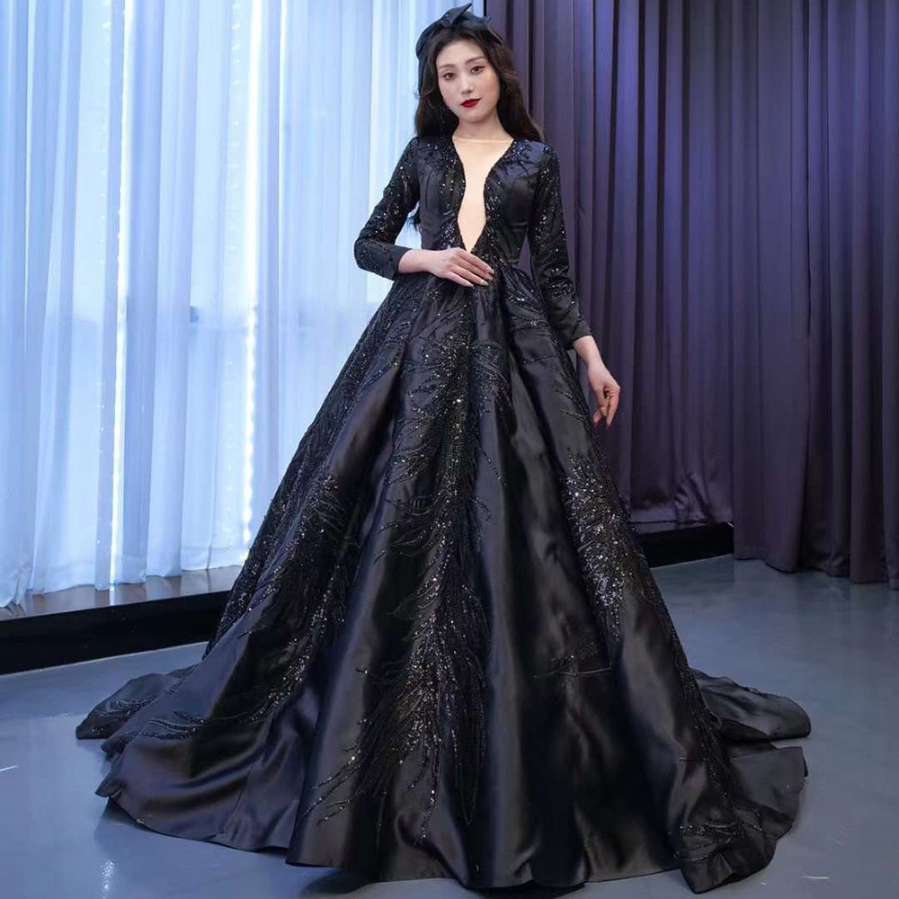 Serene Hill Muslim Black Luxury Lace Beaded Long Sleeves Wedding Dresses Bride Gowns Custom Made Ball Gown 2025 HM67500 Black / Custom Size / Floor