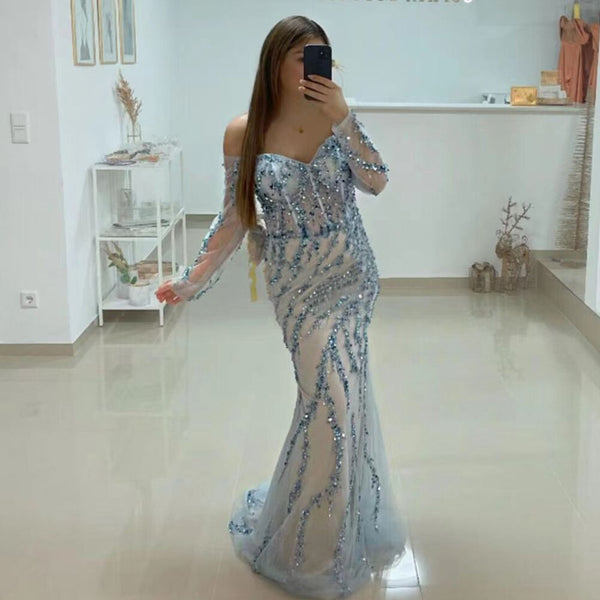 Serene Hill Muslim Blue Boat Neck Elegant Mermaid Beaded Evening Dresses Long Luxury 2025 Celebrity LA71653C