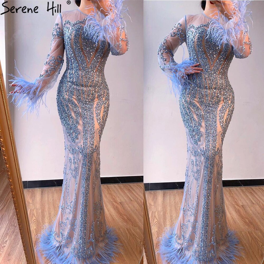 Serene Hill Muslim Blue Detachable Skirt Evening Dresses Gowns 2025 Feathers Beaded Mermaid Luxury For Women Party LA60932A - SERENE HILL