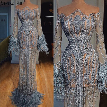 Serene Hill Muslim Blue Detachable Skirt Evening Dresses Gowns 2025 Feathers Beaded Mermaid Luxury For Women Party LA60932A - SERENE HILL
