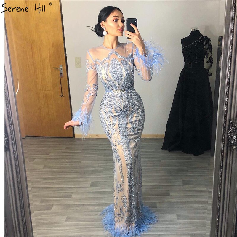 Serene Hill Muslim Blue Detachable Skirt Evening Dresses Gowns 2025 Feathers Beaded Mermaid Luxury For Women Party LA60932A - SERENE HILL