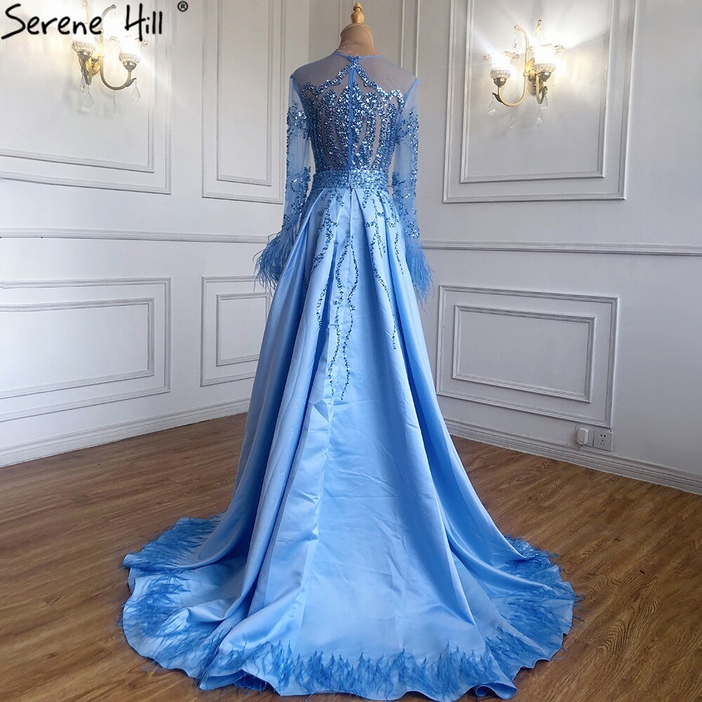 Serene Hill Muslim Blue Detachable Skirt Evening Dresses Gowns 2025 Feathers Beaded Mermaid Luxury For Women Party LA60932A - SERENE HILL