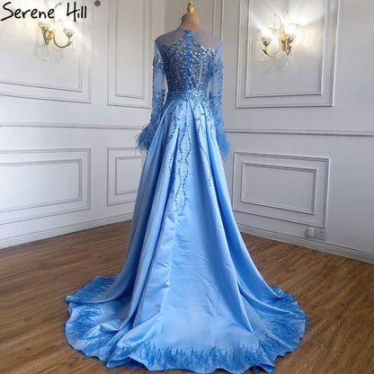 Serene Hill Muslim Blue Detachable Skirt Evening Dresses Gowns 2025 Feathers Beaded Mermaid Luxury For Women Party LA60932A - SERENE HILL